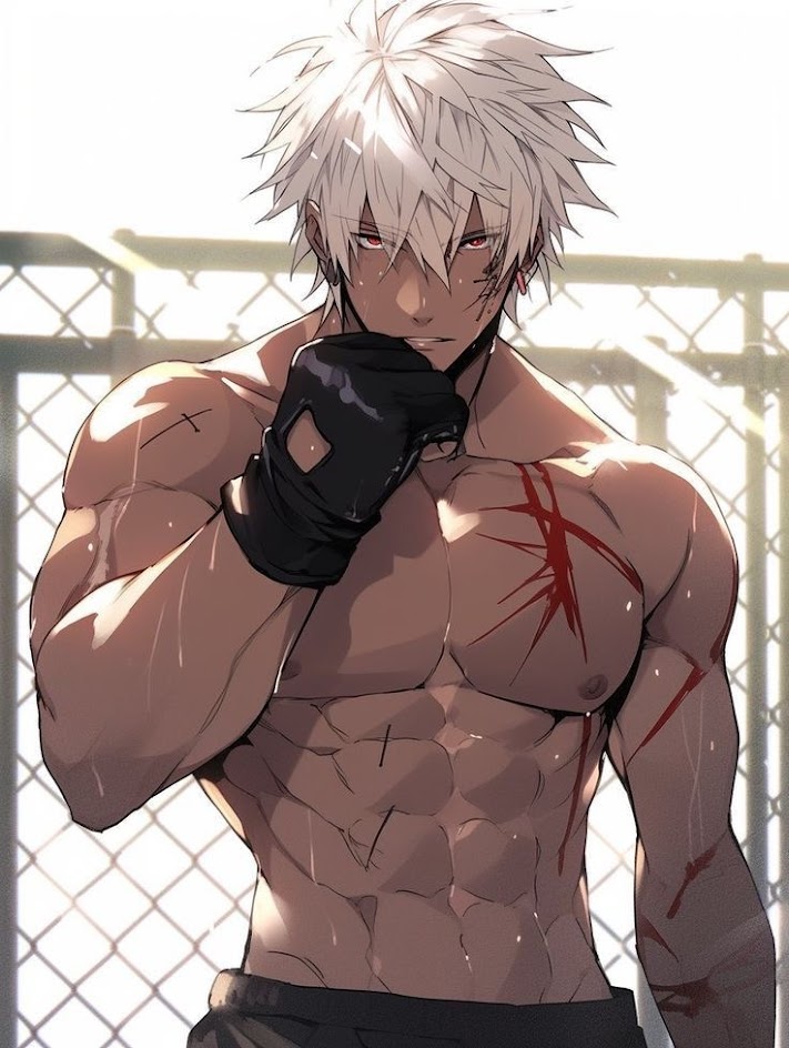 this anime style drawing is a portrait of a handsome, muscular male character with white hair and a confident expression. he appears to be a boxer or fighter. he is shirtless and is wearing a black glove on his right hand, raised near his chin. his body is ripped and has many scratches and blood streaks. he is standing in front of a chainlink fence. his eyes are red and focused. he looks fierce and determined.