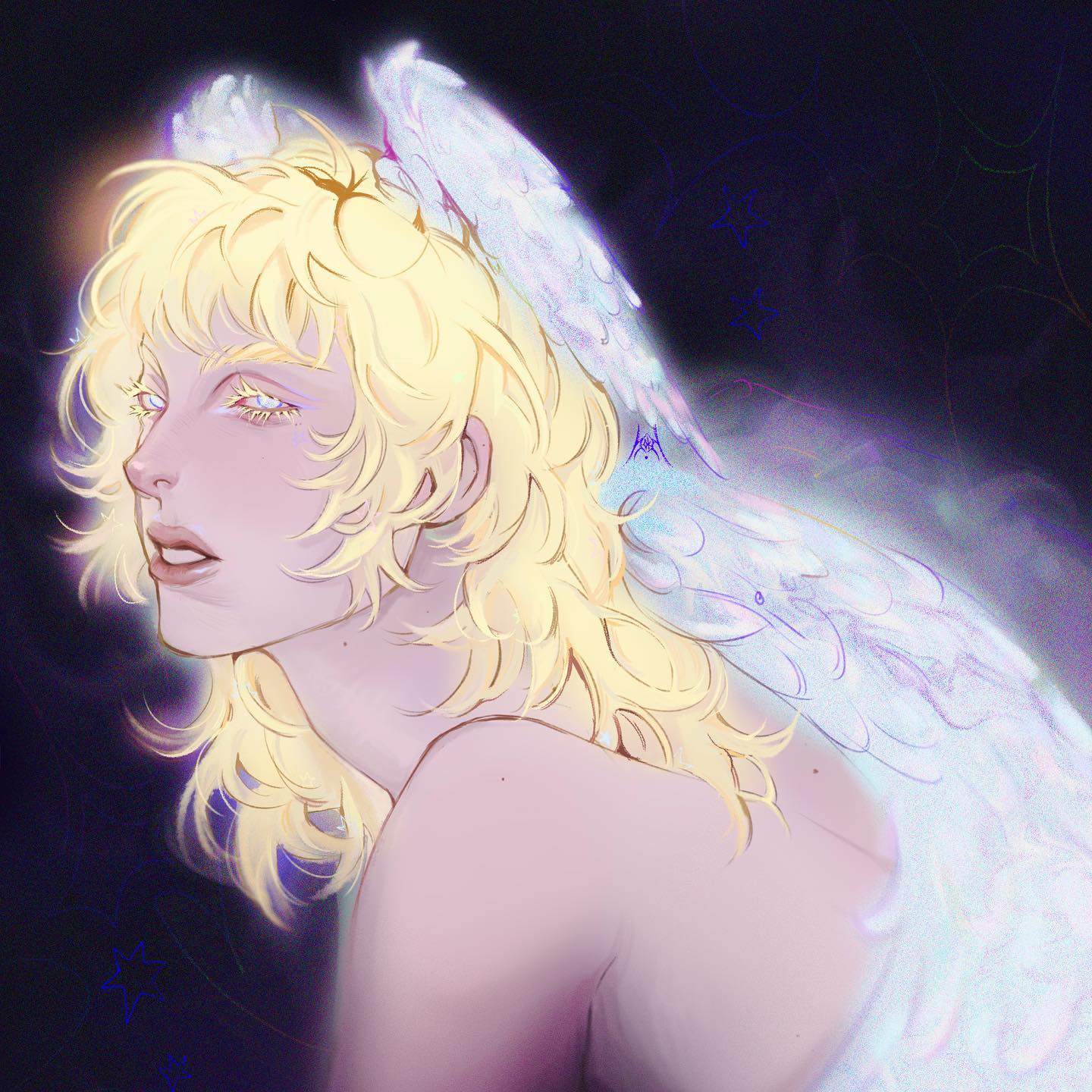 the image is a digital painting depicting an androgynous figure with long blonde hair and large, iridescent wings.  the wings have a soft, almost translucent quality, glowing with subtle light. the figure's skin is pale, and their expression is serene and slightly melancholic. the overall style is dreamy and ethereal, with a soft color palette dominated by purples, whites, and yellows. the background is dark and indistinct, enhancing the focus on the figure. the artistic style blends realistic features with fantastical elements creating a captivating and evocative piece.