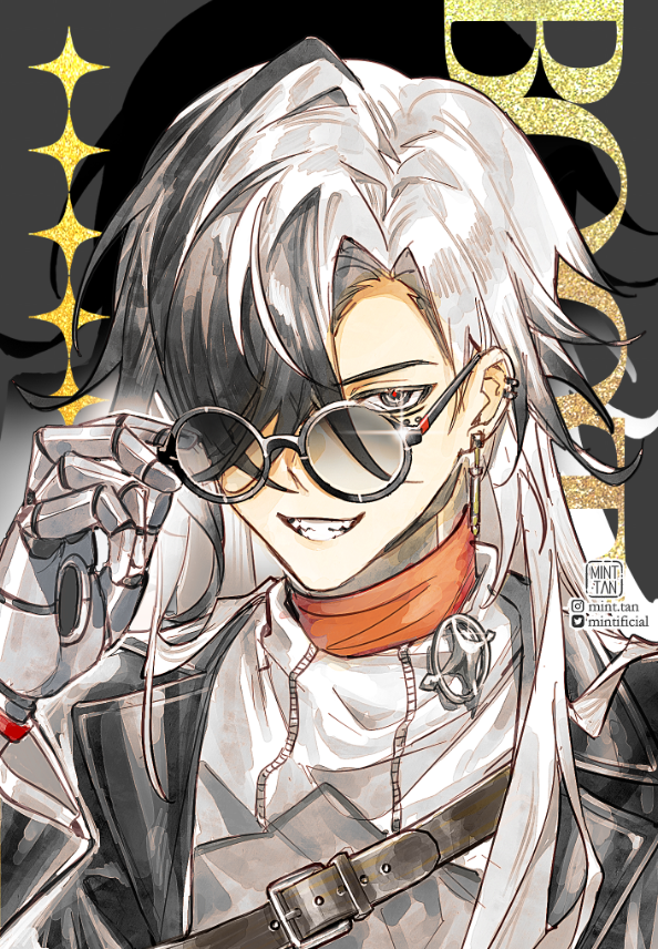 the image is a digital illustration of an anime character. the character is a young man with silver and black hair, wearing sunglasses, a red scarf and a black shirt. he is holding his sunglasses in his hand and looking at the viewer with a confident expression. the background is a black with a gold design. the image is drawn in a cartoon style.