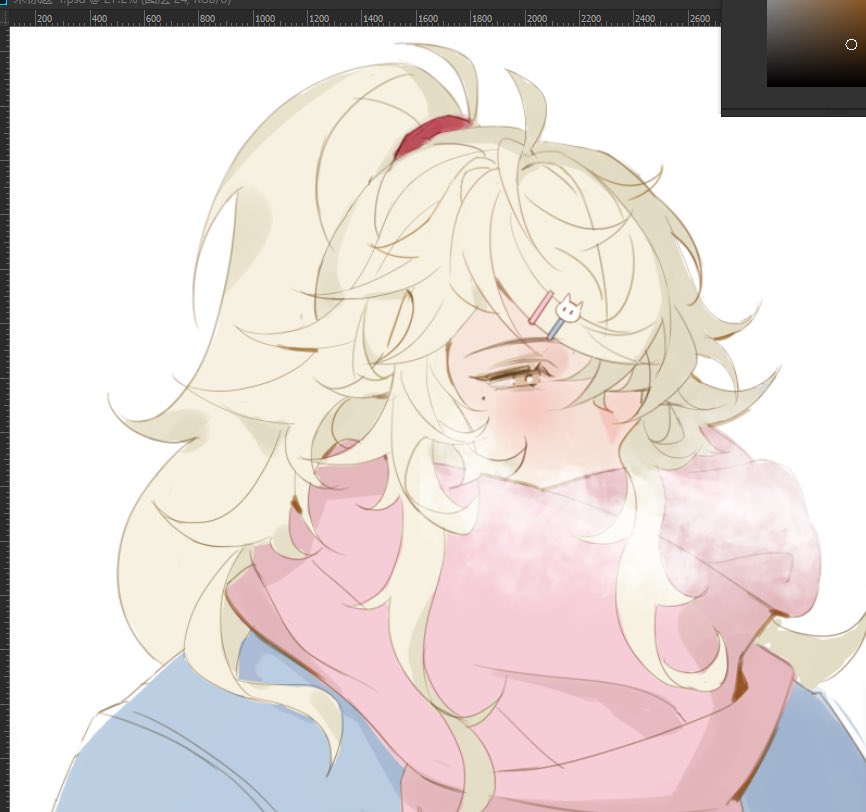 this image depicts a young anime girl with blonde hair tied up in a ponytail, she has a pink scarf wrapped around her neck and her eyes are closed. she is blushing and appears to be cold, she is looking down and slightly to the right. the overall theme is winter and cold, and the image is drawn in a soft and delicate style, with a focus on detail. it is a digital illustration that evokes a feeling of sadness, but also of sweetness and beauty.