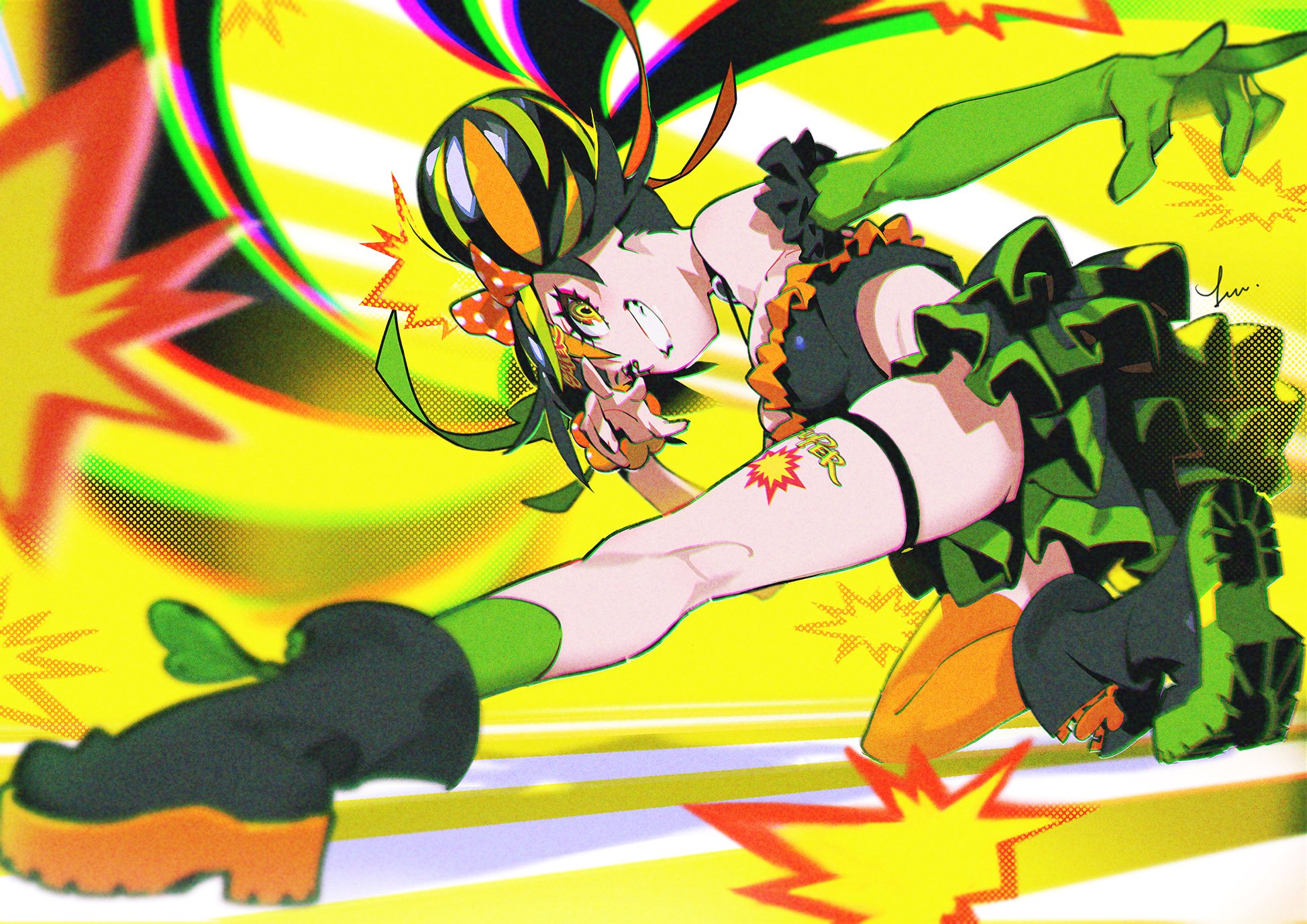 the image showcases a dynamic and stylish female character in midaction pose against a vibrant and abstract background. her design is inspired by anime and manga aesthetics. she sports a striking green and black outfit with orange accents, further emphasizing the energetic vibe. the background features a mix of yellow, green, and orange bursts and streaks, mimicking explosions and enhancing the sense of movement and power.  the character's confident expression and powerful pose exude confidence and energy.
