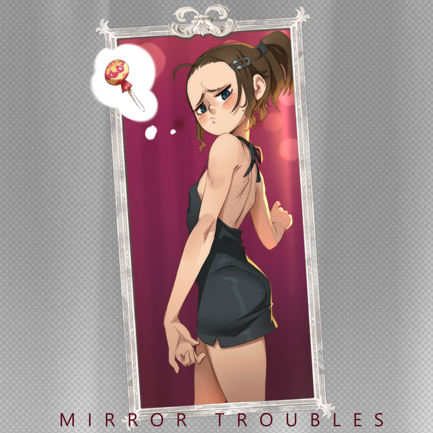 a digital illustration of a young girl standing in front of a mirror. she is wearing a black dress and has a ponytail. she is thinking about a lollipop. the mirror has a red frame and is surrounded by a white background with a pattern of grey dots.
