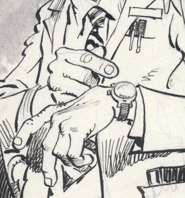 a black and white line art illustration of a man in a suit. his hand is reaching towards the viewer while his other hand is holding a watch and resting on his knee. he is wearing a jacket, a shirt, a tie, and has a pocket on his chest. this looks like a page from a comic book.