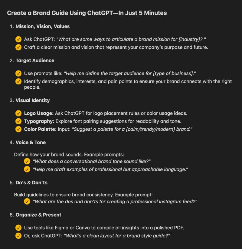he image contains a stepbystep guide on how to create a brand guide using chatgpt within five minutes.  the guide outlines six key areas: defining mission, vision, and values; identifying the target audience; establishing visual identity (logo, typography, color palette); defining brand voice and tone; outlining dos and don'ts; and finally, organizing and presenting the brand guide using tools like figma or canva.  each step includes prompts and suggestions for using chatgpt effectively.  the guide aims to provide a streamlined and efficient method for building a comprehensive brand style guide.