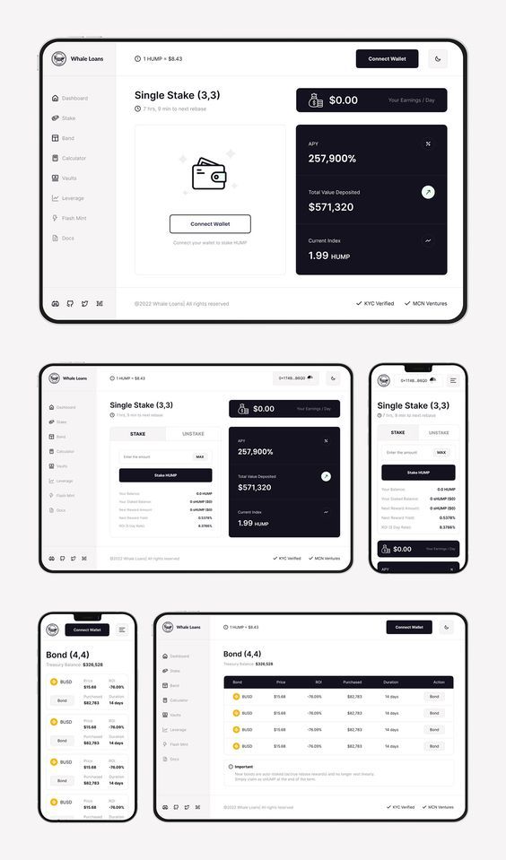 the image displays a mockup of a whale loan app on different mobile and desktop screens. the app features sections for single stake and bond options, each with different metrics like apr, total value deposited, and current index. the user can connect a wallet and see their gains from staking or bonds. the ui design is clean and modern, with clear calls to action.