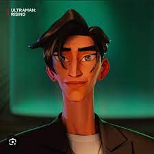 this is a digital illustration of a man with short, dark hair and a pleasant expression. he's wearing a black jacket over a white tshirt and a silver chain. the lighting is artificial and creates a greenish glow around his face. the image appears to be promotional material for "ultraman rising."