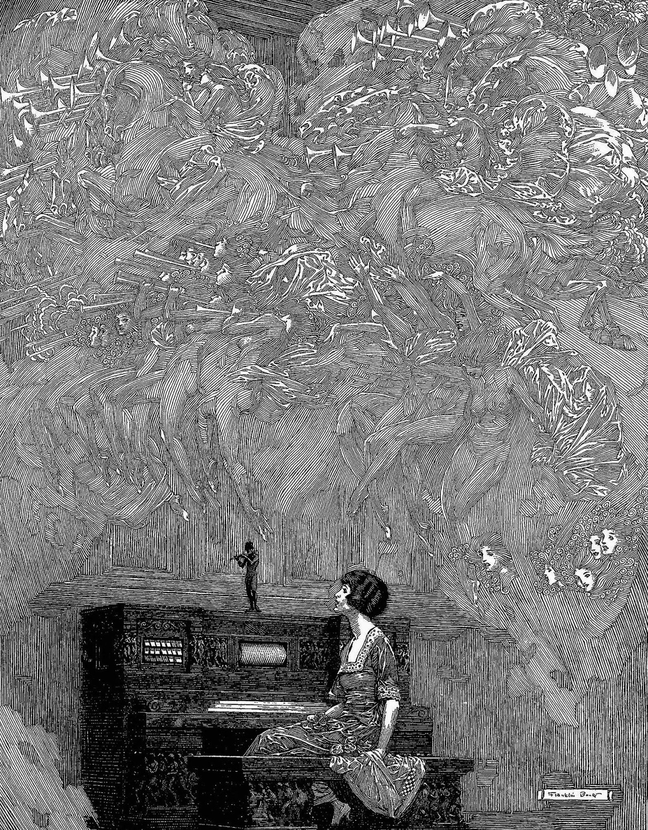 a woman in a dark dress sits playing a reed organ. above her, filling the upper twothirds of the image, a multitude of angels with large wings, rendered in a swirling art nouveau style, seem to emanate from the instrument's sound.