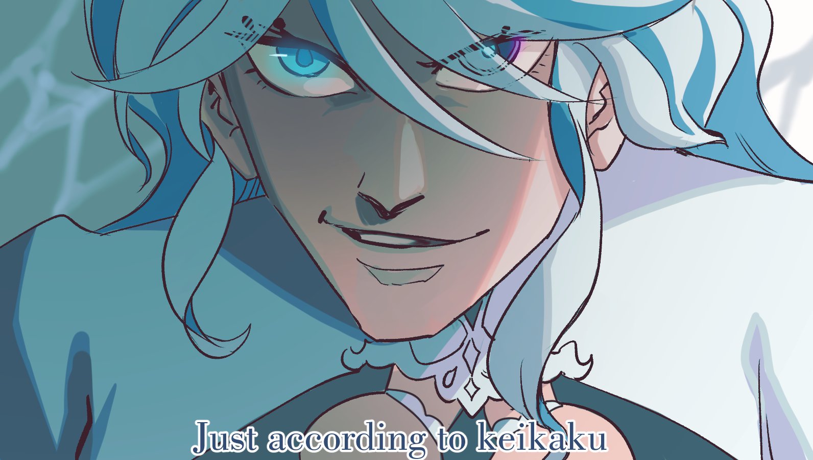 a close up of a female character with blue hair and blue eyes. she is wearing white clothes and has a creepy smile. the image is in a manga style.