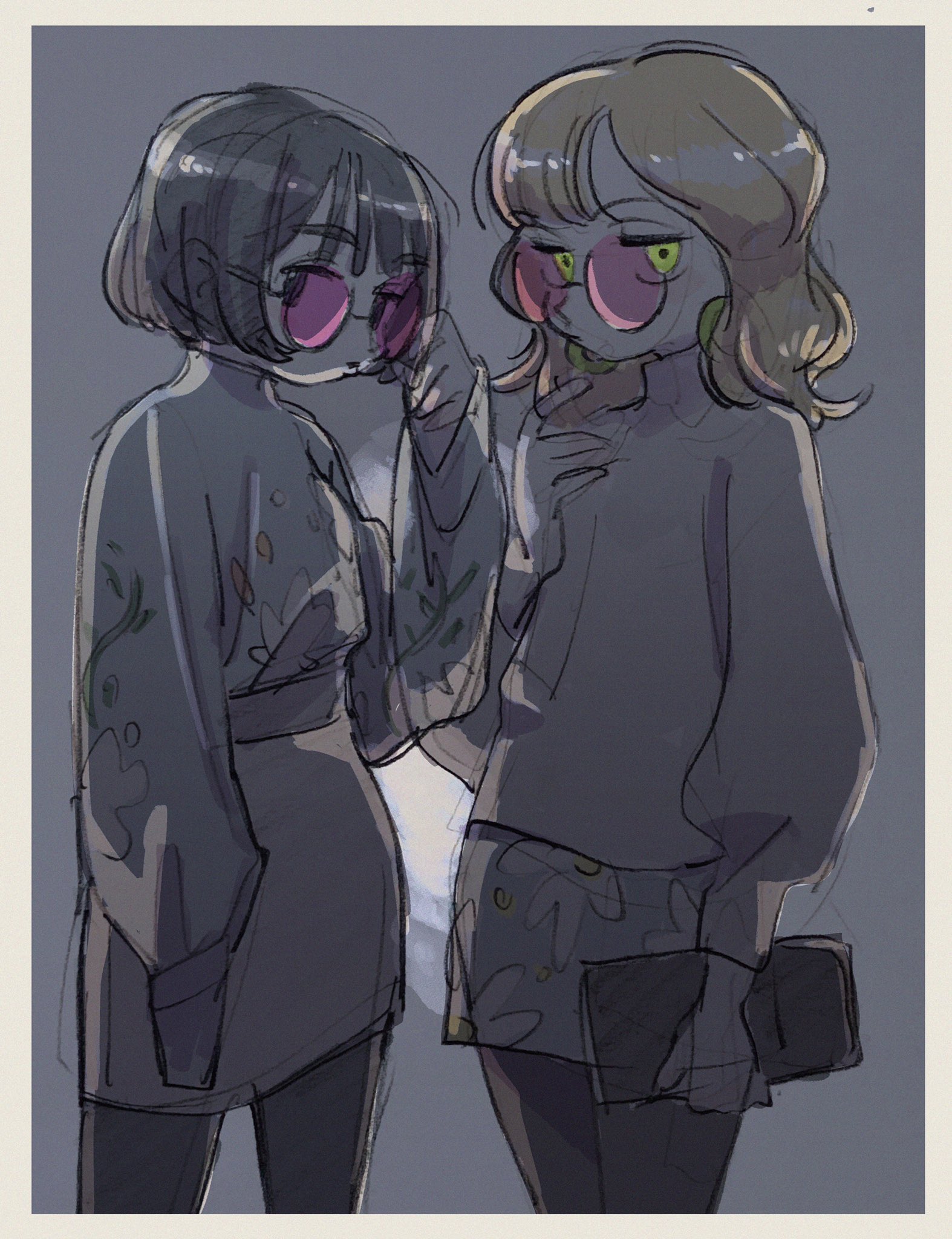 the image is a stylish illustration of two young women posing together. the woman on the left has short, dark hair and is wearing a floralpatterned jacket and a black dress. she is adjusting her round, pink sunglasses with her right hand. the woman on the right has long, blonde hair and is wearing a gray sweater, a floral skirt, and similar round sunglasses. she is holding a black clutch bag in her left hand. the women are positioned close together, suggesting a sense of friendship and camaraderie. the overall aesthetic is trendy and fashionable, appealing to a younger, styleconscious audience. the soft lighting and muted color palette create a relaxed and intimate atmosphere.