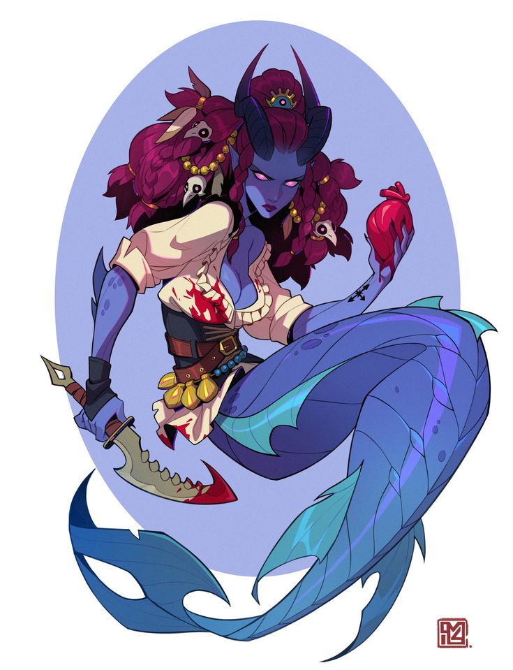 the image is a digital painting of a fantasy mermaid character.  she's blueskinned with red hair adorned with skulls and jewelry. she has horns and a somewhat demonic appearance. she's dressed in a piratestyle shirt and holds a bloody dagger and a heart. her tail is vibrant blue and teal. the style is stylized and vibrant, with a lot of detail in the character's design and the background. the overall mood is dark and slightly sinister, but also captivating.
