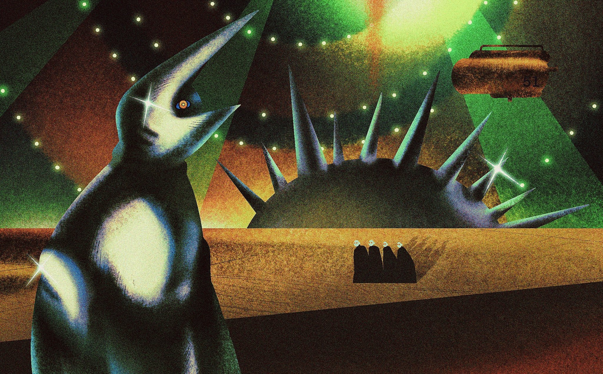 the image is a surreal digital painting or illustration depicting a large, birdlike creature with a sharp beak and glowing eyes standing in the foreground.  it's facing a stagelike setting with a large, spiky, dark orb at the center.  small, dark figures are seated in front of the orb, possibly representing an audience. the background features a vibrant mix of dark and neon green colors, spotlights, and a mysterious, metallic object resembling a container or capsule flying above the stage. the overall style is abstract and futuristic, combining elements of fantasy and science fiction.  the texture is gritty and stylized, evoking a sense of mystery and otherworldly experience.