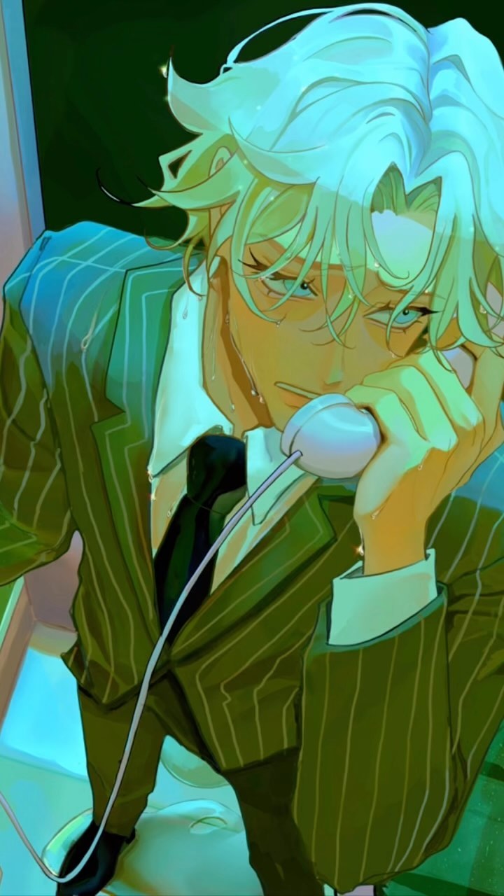 the image is a digital illustration of a young man with long, lightcolored hair, wearing a green pinstripe suit and tie. he is holding a vintagestyle telephone receiver to his ear, appearing somewhat stressed or worried, indicated by his expression and the sweat visible on his face. the art style is animeinspired and features dramatic lighting and color choices, creating a mood of intensity and perhaps mystery. the focus is on the man's face and upper body, filling almost the entire frame. the background is dark and indistinct, drawing attention to the subject.