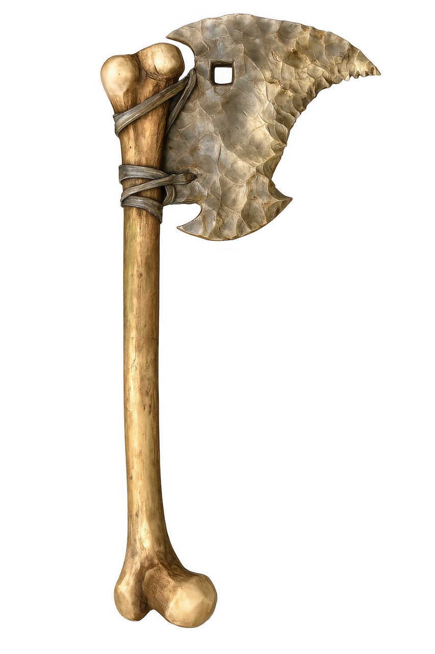an ancient axe made from a stone blade and a bone handle. the blade is a rough, chipped stone with a square hole near the handle attachment. the handle appears to be a bone, possibly a leg bone, with natural curves and bulbous ends. the blade is attached to the handle with some type of binding, possibly sinew or leather. the axe appears handmade and primitive, representing tools from the stone age or prehistoric times.