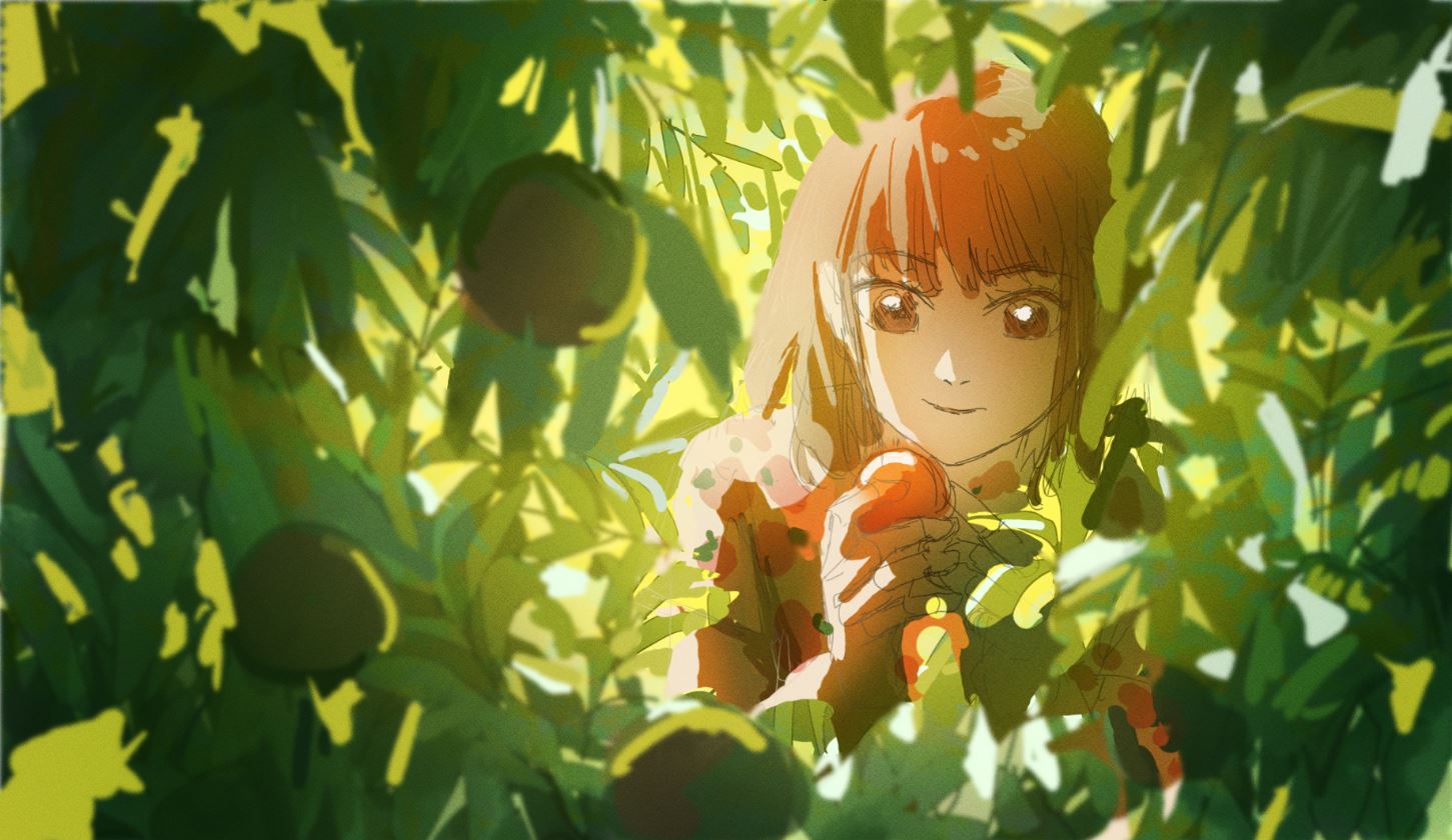 the image is a digital painting or illustration of a young animestyle girl with reddishorange hair, partially obscured by lush green foliage. she is smiling gently and appears to be picking or holding a small orange fruit in her hands.  the style is painterly and slightly impressionistic, with soft, blended colors and a focus on creating a serene and atmospheric scene. the overall mood is peaceful and inviting. the girl is the focal point, but the abundant greenery surrounding her forms a significant part of the composition, creating a sense of immersion in a natural setting. the lighting suggests a sunny day.