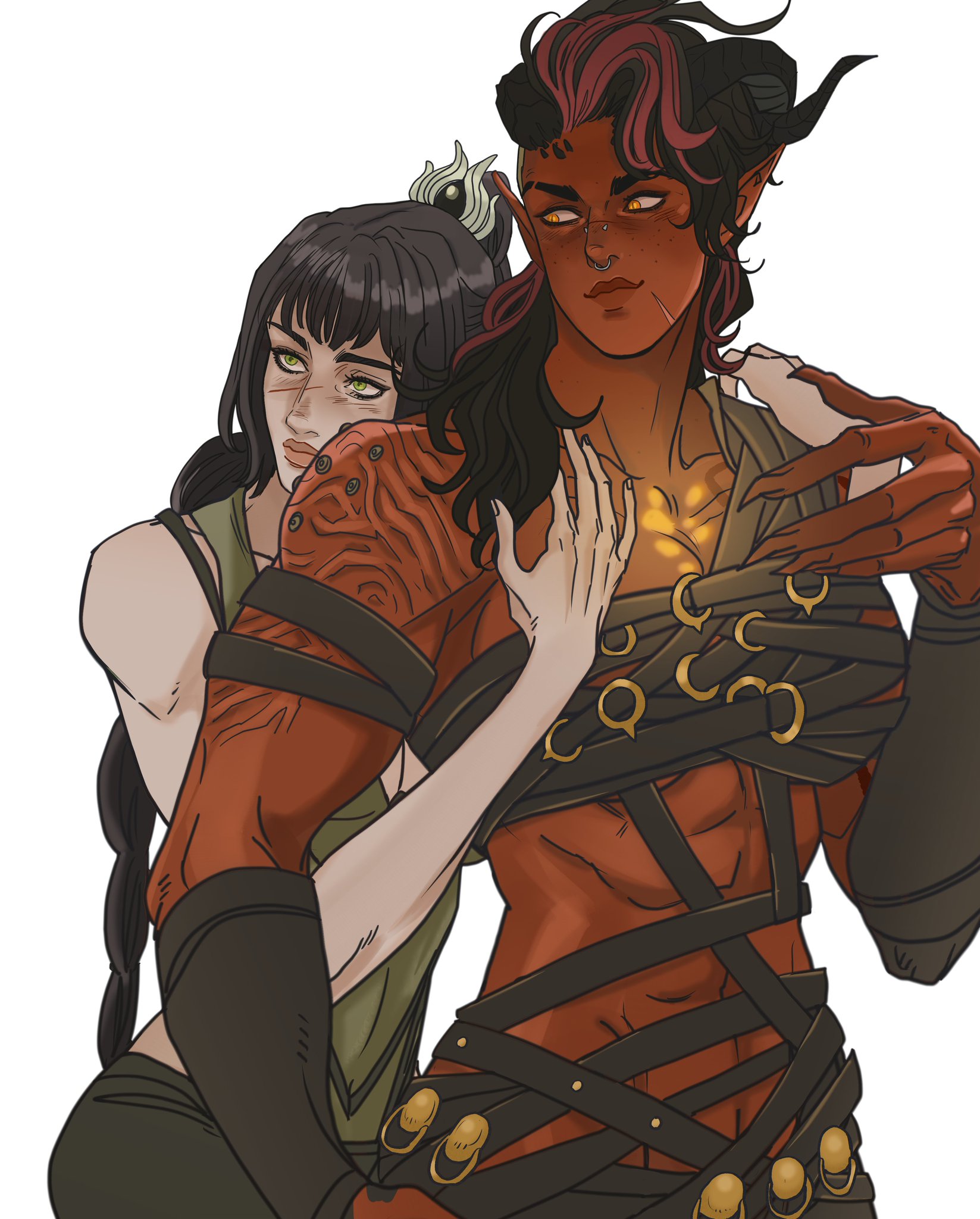 an illustration of a tiefling character with red skin, black and red hair, horns, and golden eyes being hugged by a woman with pale skin, dark hair, and green eyes. the tiefling is wearing straps with rings and dark clothes, while the woman is wearing green clothes.