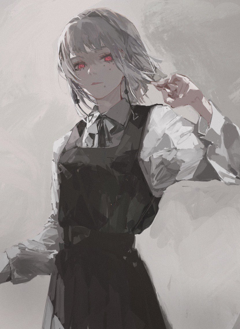 an anime girl with white hair and striking red eyes is depicted in a grayscale illustration. she's wearing a white shirt with a black pinafore dress. the background is an abstract white with soft lighting, creating an ethereal ambiance.
