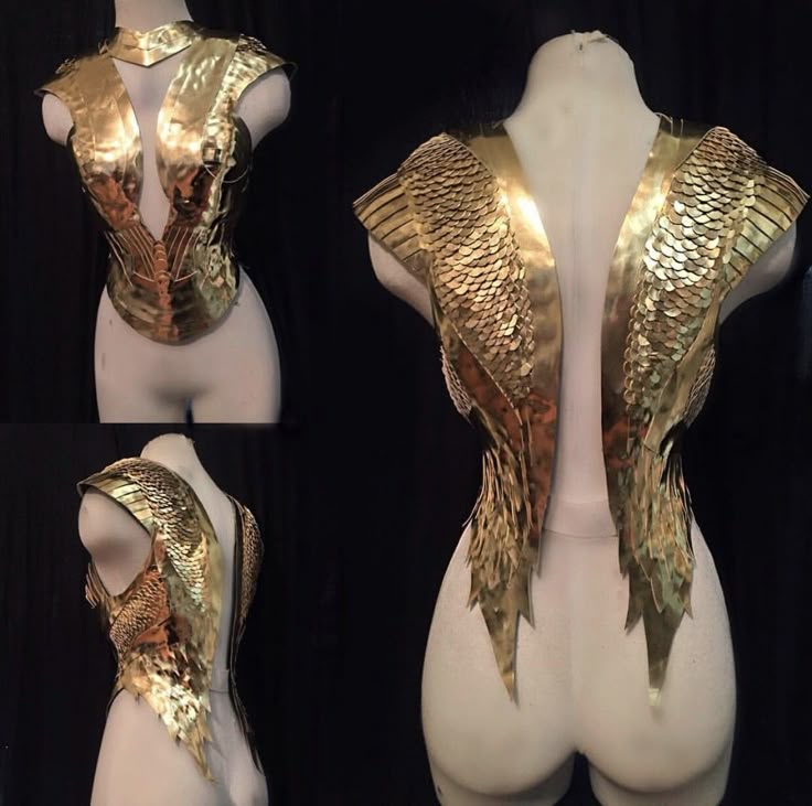 the image showcases a golden, intricately designed armor set displayed on a mannequin torso. the armor appears to be crafted from various metallic materials, giving it a shiny and luxurious appearance. the design incorporates scalelike patterns and winglike extensions, contributing to a fantasyinspired aesthetic. the sleeveless garment is likely intended as a costume piece, as indicated by its detailed construction and eyecatching materials. the mannequin is set against a simple black background.