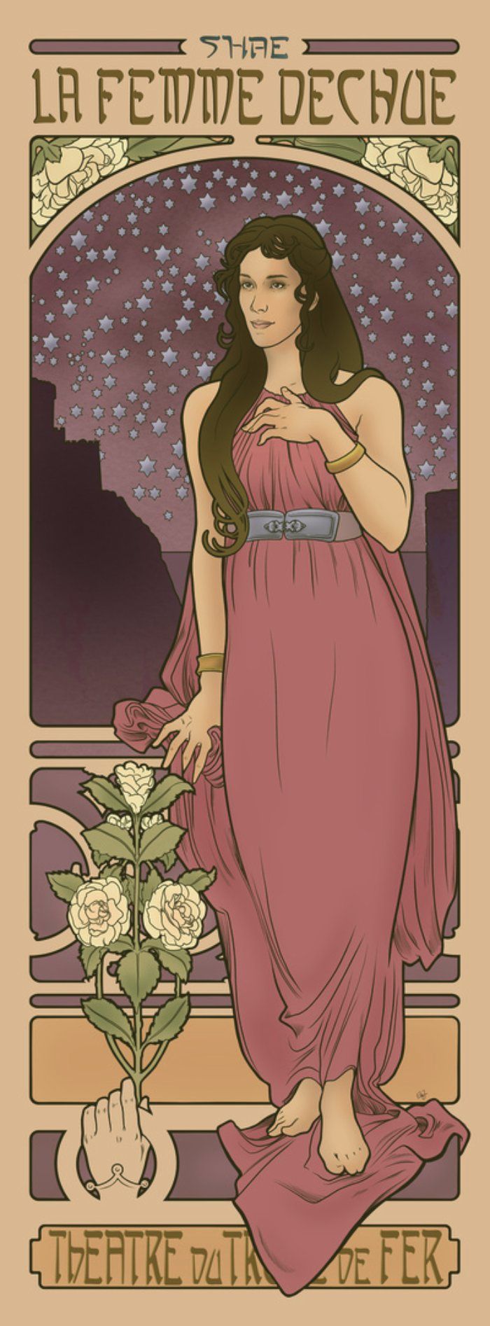 an art nouveau style illustration depicting a woman standing beside a rose bush. the woman is wearing a long, flowing pink dress with a belt at the waist. she has long brown hair and is wearing gold bracelets. she is standing in front of a cityscape at night with stars in the sky. the title above the figure is "shae, la femme dechue". below, the hand of another figure holds one of the roses. the bottom text reads "theatre du trône de fer".