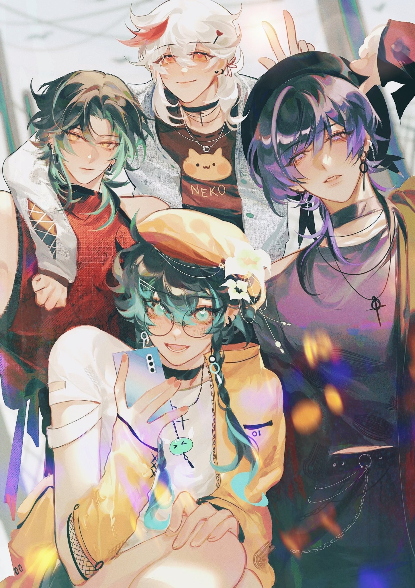 he image is a vibrant and colorful digital painting of four animestyle characters, three girls and one boy, posing together. they are all dressed in fashionable and trendy clothing, with unique hairstyles and accessories.  the character in the center foreground is holding a phone. the overall style is playful and cheerful, suggesting a friendly group of friends hanging out together. the art style is smooth and blends a bit of a painterly look with cleaner lines and bright colors. the background is somewhat abstract and blurry, focusing attention on the characters.