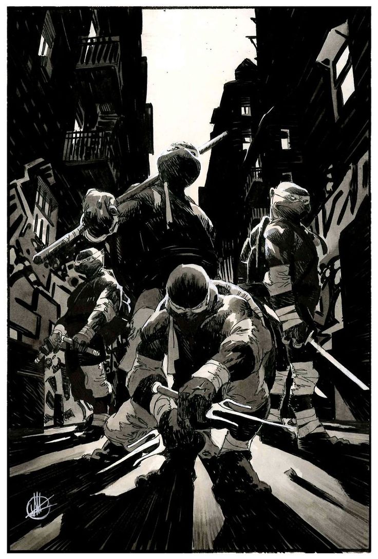 this is a black and white illustration of the teenage mutant ninja turtles, in action, in the sewer. the turtles are in a dark alleyway, with their weapons drawn. the illustration is in a comic book style.