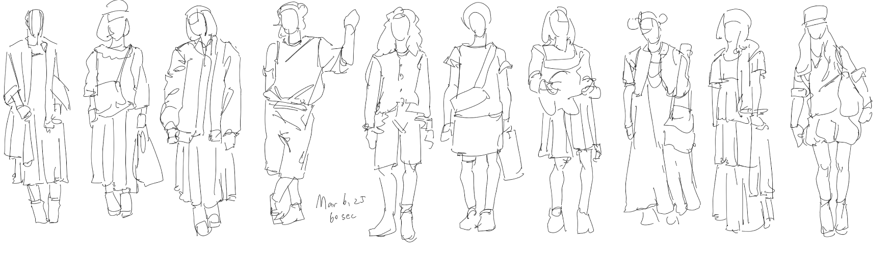 a sketch of multiple figures wearing various types of clothing including dresses, coats, hats, shorts, skirts, blouses, and jackets. some figures are carrying bags and purses.