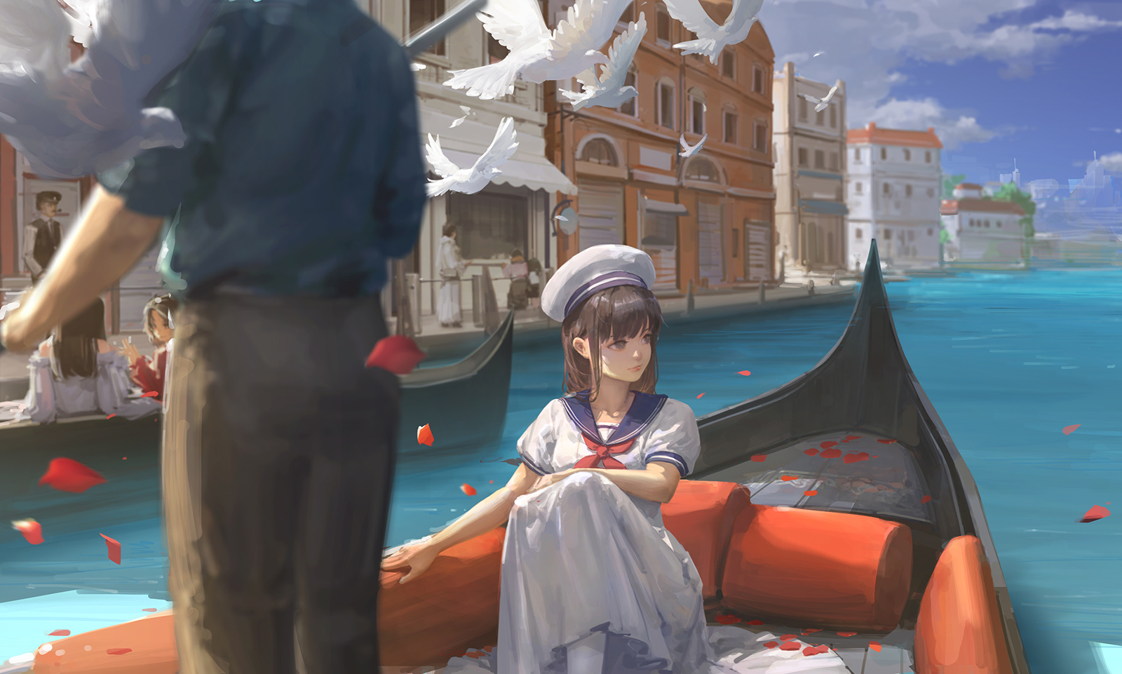 the image is a digital painting depicting an animestyle girl in a sailor uniform sitting in a gondola in venice, italy.  pigeons are flying around her, and rose petals float on the water.  a man in a blue shirt is partially visible in the foreground, seemingly a gondolier or someone associated with the scene.  the background features the picturesque venetian architecture and canals. the overall atmosphere is romantic and serene.