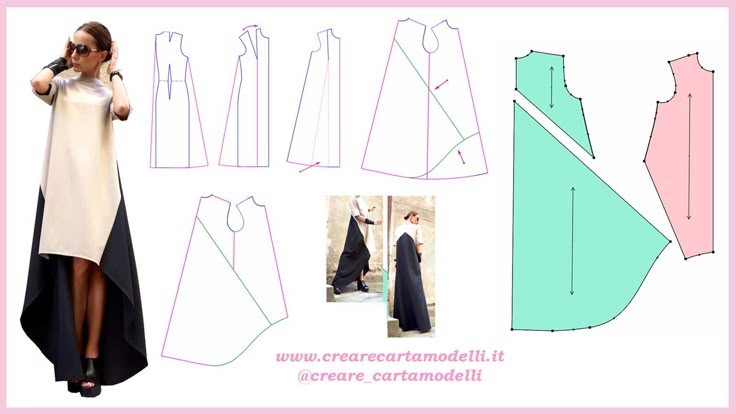 the image showcases a colorblock, asymmetrical dress alongside its pattern design diagrams. a woman is wearing the dress, which is white on the front and black on the side and back, featuring a highlow hem. diagrams detail the pattern pieces required to construct the dress, including separate pattern sections for the upper and lower portions, showcasing how the asymmetrical design is achieved. a website address and a social media handle are displayed at the bottom. the pattern sections are colored in pink, blue and green colors with black dots along edges for each cut. there is a pink background, suggesting a fashion or sewing tutorial.