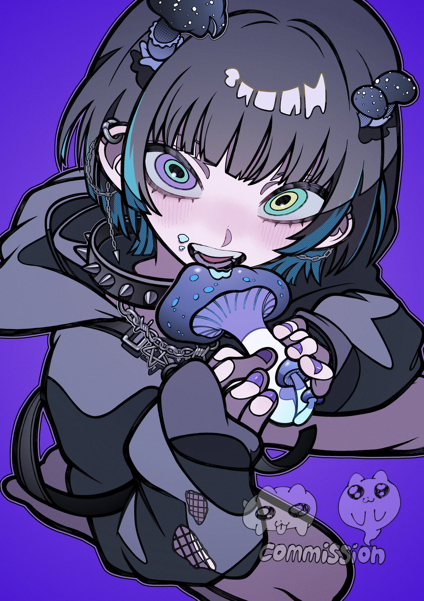 a digital illustration of a cartoon girl with dark blue eyes, black hair, and wearing gothstyle clothing. she is biting on a mushroom, her mouth slightly open. the image is stylized with bright colors and heavy black outlines, typical of anime art. it is a very cute and trendy piece of art.