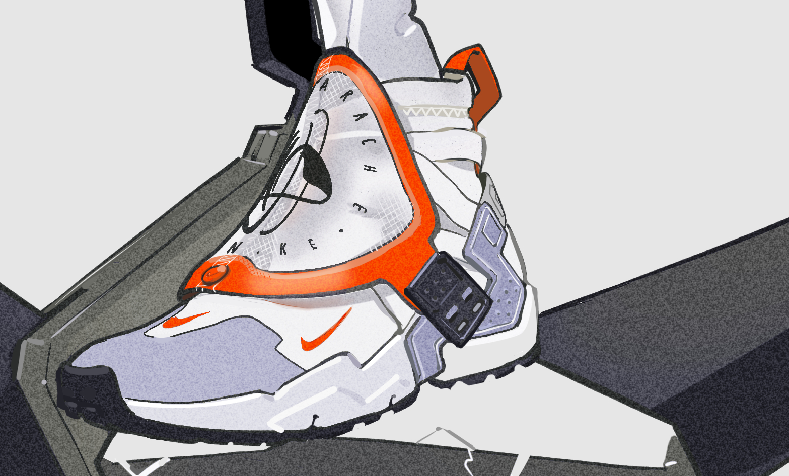 this illustration showcases a futuristic nike sneaker design. the shoe features a hightop silhouette with a prominent strap across the upper, accented with vibrant orange details. the color scheme is predominantly white, gray, and orange, contributing to a sleek and modern aesthetic.  the perspective is a closeup shot from a low angle, emphasizing the shoe's design elements and creating a dynamic composition.