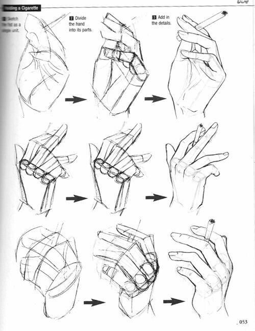 this image is a drawing tutorial on how to draw a hand holding a cigarette. it shows the hand in three stages: the first stage is a basic outline of the hand, the second stage is a more detailed drawing of the hand with the bones and muscles, and the third stage is a fully detailed drawing of the hand holding a cigarette. the tutorial also includes some tips on how to draw the different parts of the hand, such as the fingers, palm, and wrist.