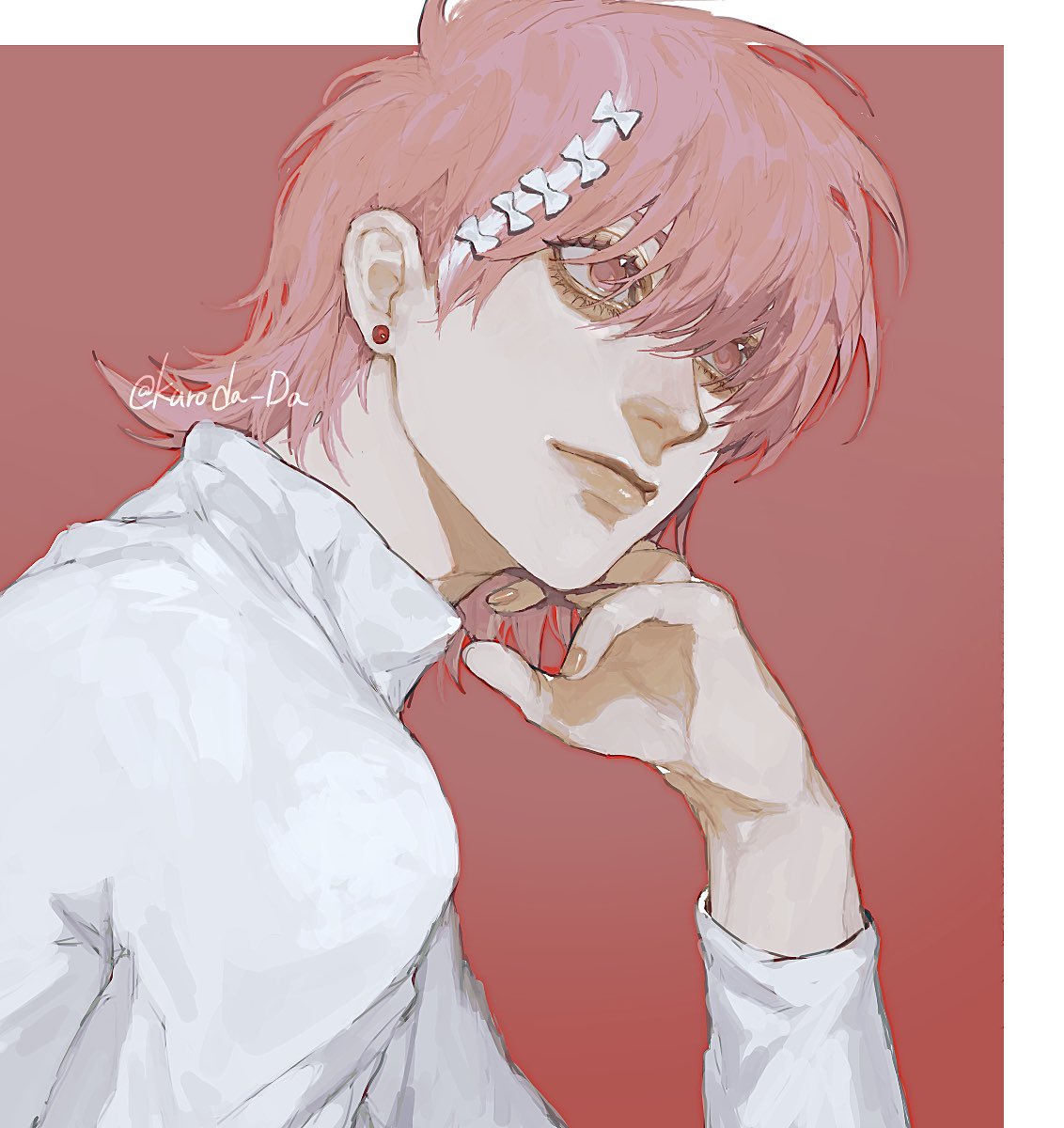 this is a drawing of a male anime character with pink hair. he is wearing a white shirt and has a red earring in his left ear. he is looking to the side and has his hand resting on his chin. the background is red.