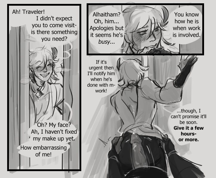 this is a black and white comic panel featuring the genshin impact characters alhaitham and the traveler. the scene is suggestive, with alhaitham leaning into the traveler as if to embrace him. the traveler is blushing and looking away from the camera.  the dialogue bubbles above the characters indicate that alhaitham is busy, but the traveler is interested in spending time with him.