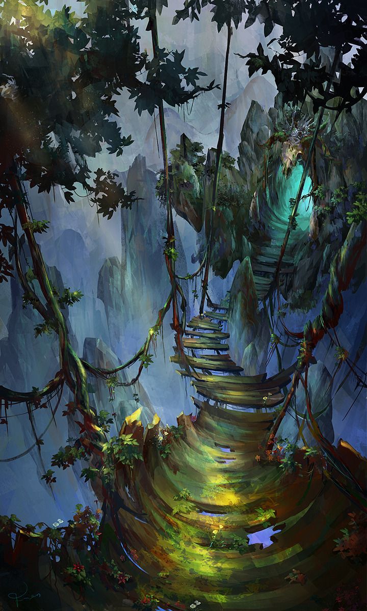 an illustration of a lush jungle landscape with a mosscovered stone path leading to a rickety wooden bridge. the bridge connects to a rocky outcrop with a cave entrance emitting a turquoise glow. the scene is surrounded by tall trees, vines, and cliffs in a misty, mountainous setting.
