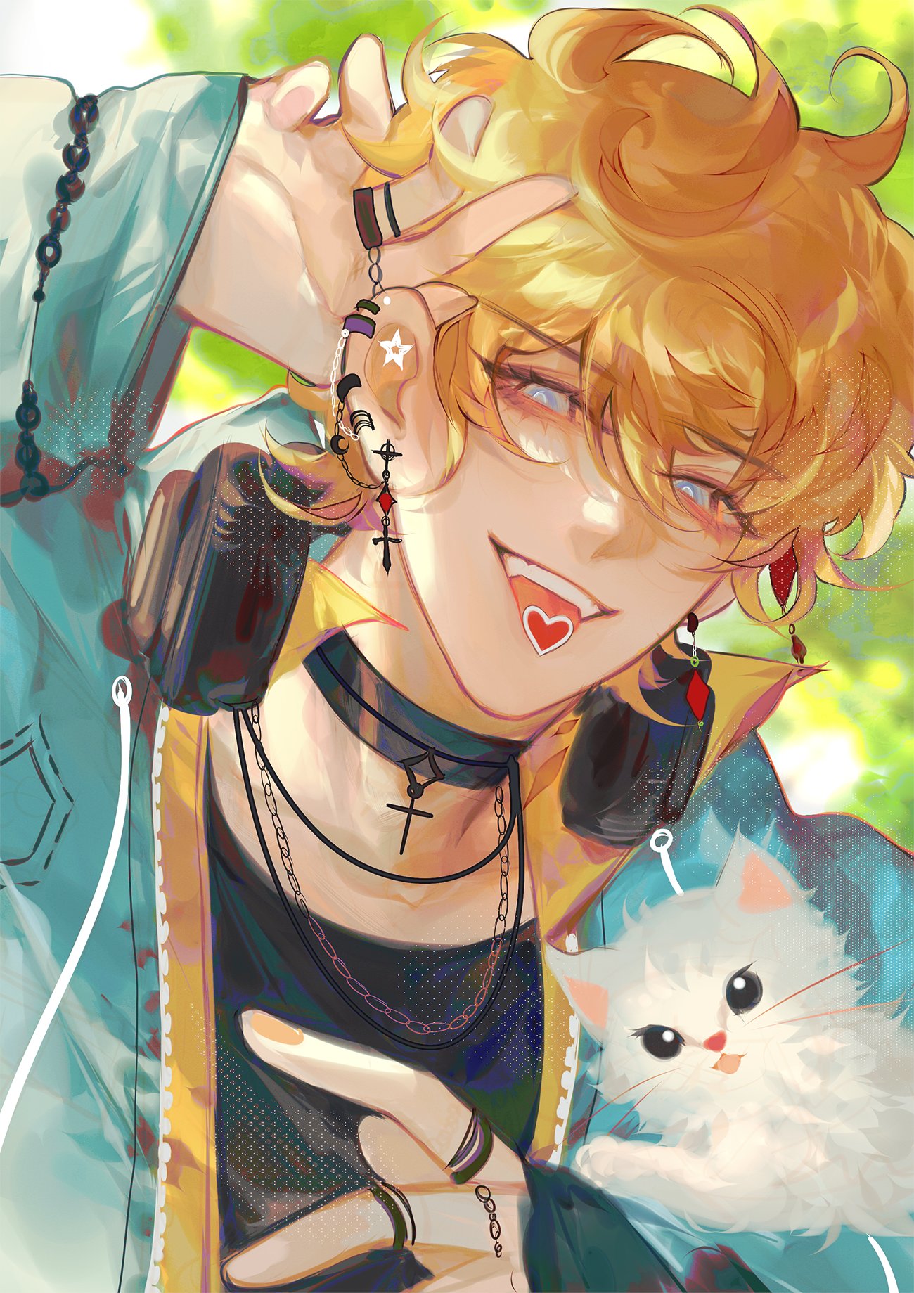 the image is a digital illustration of a young animestyle boy with blond, curly hair. he's wearing glasses, a teal jacket with yellow accents, various necklaces including a choker with a cross pendant, and several earrings. he's playfully holding a fluffy white kitten close to his chest, while also holding his hand up near his face.  he has a cheerful expression, smiling widely. the style is vibrant and colorful, with a soft painterly texture. the overall impression is one of youthful energy and happiness.