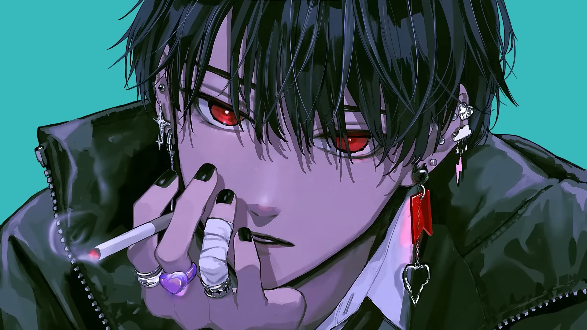 he image is a closeup portrait of a young man with black hair and piercing red eyes. he has multiple piercings in his ears and is wearing a black leather jacket. he has a cigarette in his hand and is smoking. the lighting is dramatic and gives the image a dark and edgy feel.