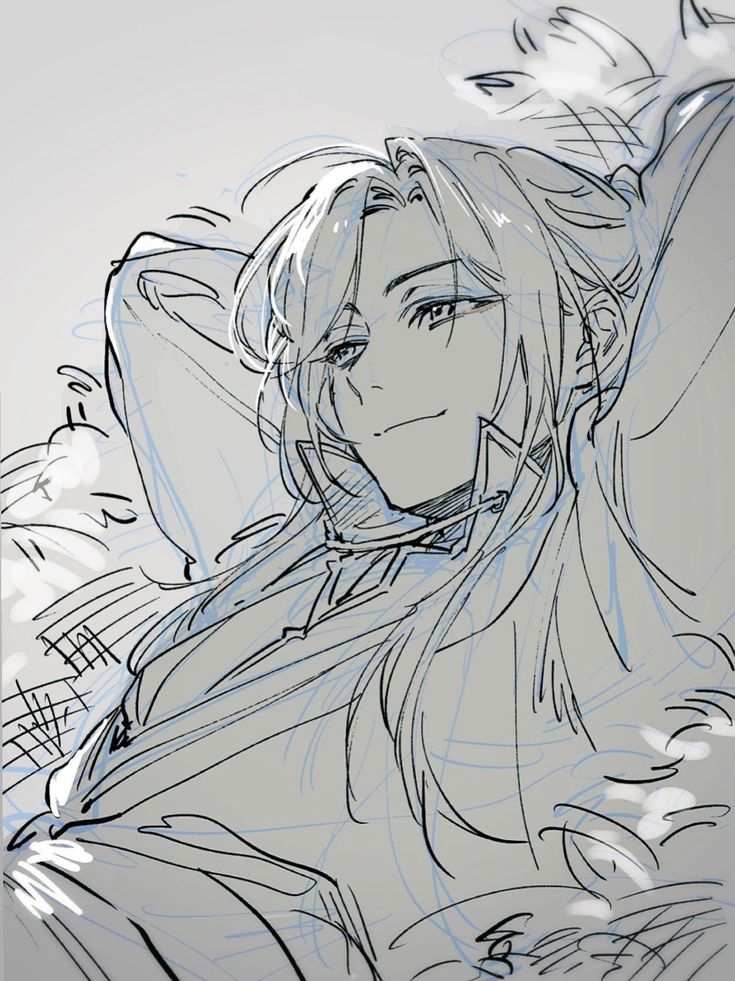 the image is a digital sketch or fanart of an animestyle male character. he has long, flowing hair, and is depicted reclining in a relaxed pose. his clothing appears to be influenced by traditional east asian styles, possibly hanfu.  the art style is clean and elegant, using primarily line art with shading suggested through variation in line weight.  blue lines are lightly visible, possibly indicating sketching or editing layers, implying the artwork is a work in progress (wip). the background is a light grey, providing contrast to the darker lines of the drawing. the overall impression is one of calmness and grace.