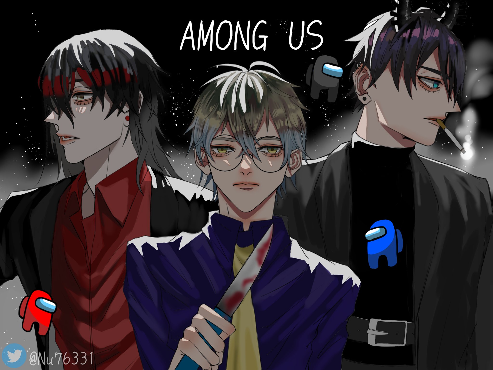 an anime illustration of three male characters in front of a dark starry background. they are all wearing different clothes and accessories and are looking in different directions.  the character on the left is wearing a red shirt and a black blazer, the middle character is wearing a purple shirt and a yellow tie, and the character on the right is wearing a black shirt and a black jacket with a blue among us character printed on it. in the middle of the image, the words "among us" are printed in white against a black background.