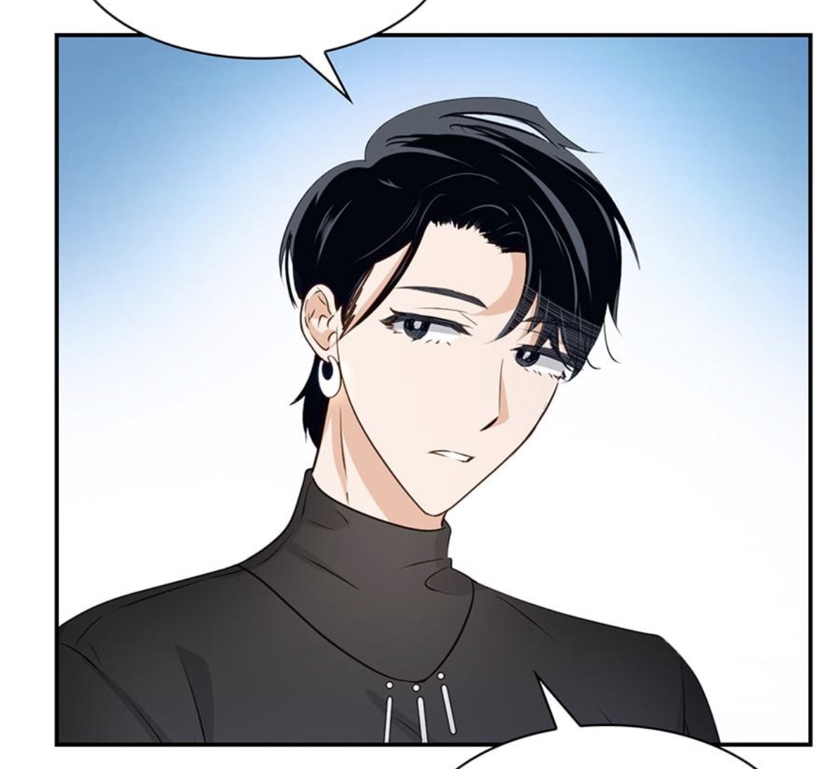a closeup illustration of a young adult character, likely from a manhwa, manga, or webtoon. the character has dark hair styled in a modern cut, dark clothing (black turtleneck), and small earrings. their expression is serious or pensive. the background is a light blue wash.  a speech bubble is visible above the character's head, suggesting dialogue is implied. the style is reminiscent of modern asian comics.