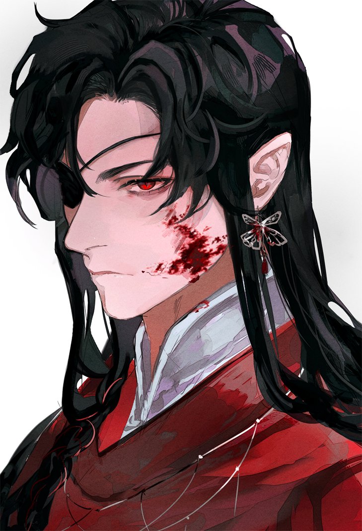 an animestyle portrait of a male character with long black hair, red eyes, and an eyepatch. his face is covered in blood. he has an earring with a butterfly design on his ear. he is wearing a red and white outfit with black details.