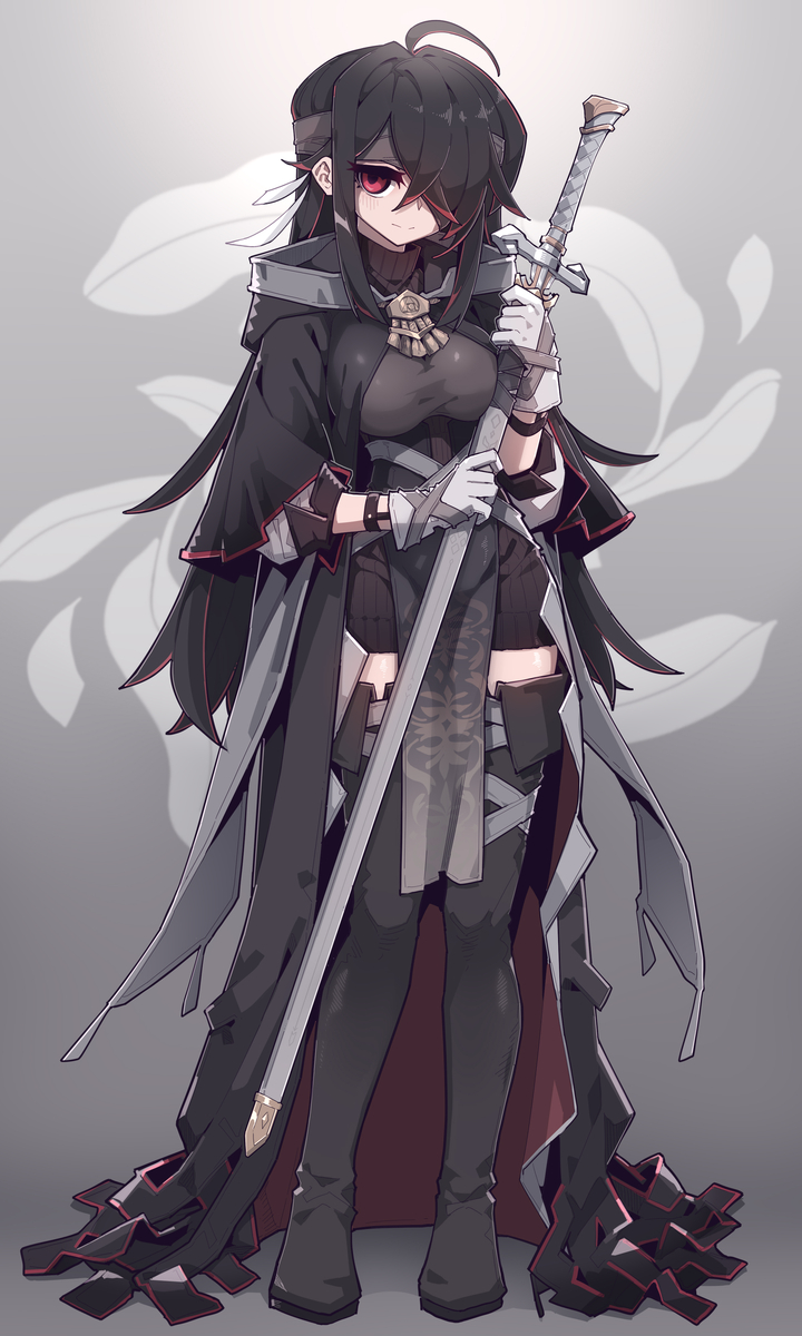 an anime girl with long black hair and red eyes stands holding a sword. she is wearing a hooded cloak, dress, black stockings, and boots. the background is grey with a faint floral pattern.