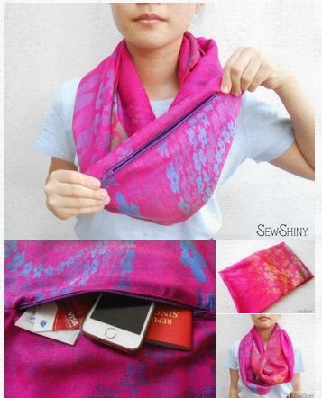 the image shows a person wearing a fuchsiacolored infinity scarf with a hidden pocket that has a zipper. inside the pocket, there is a smartphone, a wallet, and a card. the images displays different closeup of the scarf's pocket with items and another example of the scarf worn by a person. the brand name "sew shiny" is also visible.