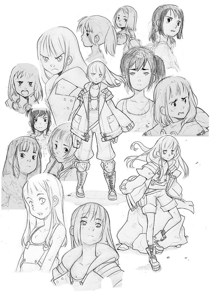 the image is a collection of pencil sketches featuring the same female character in various poses and expressions.  the character appears to be a young woman with short hair, depicted in different outfits, sometimes with accessories like jackets and boots.  the sketches capture a range of emotions, from anger and determination to curiosity and sadness. the style of the drawing is reminiscent of japanese anime and manga.