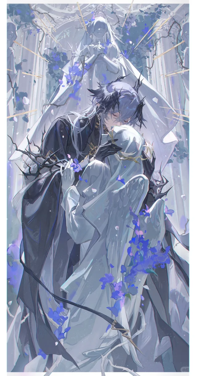 the artwork depicts a romantic yet somber scene. two figures, one dressed in dark, almost gothic attire with what looks like horns, and the other in flowing white robes reminiscent of an angel, are locked in an embrace and a kiss. the setting appears ethereal and otherworldly; a translucent, ghostly figure in white robes is visible in the background, adding to the mystical atmosphere.  the overall colour palette is muted, dominated by blues, purples, and whites, enhancing the dreamlike and perhaps melancholic quality of the piece.  scattered purple flowers add subtle color and texture. the style is distinctly anime or mangainspired, highly stylized and focused on expressing emotion through pose and visual elements.