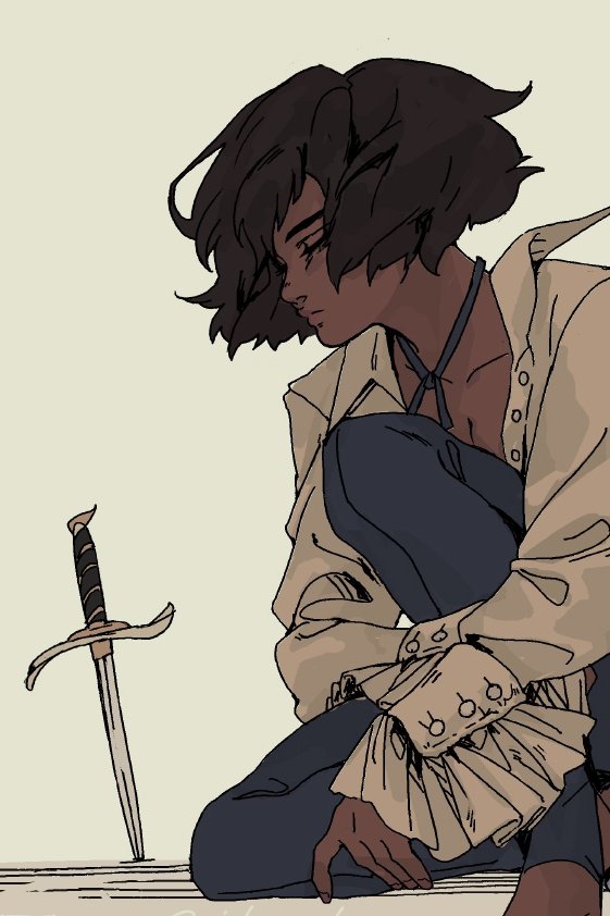 the illustration features a young woman sitting on the ground with a sword in front of her. her dark skin and brown hair are visible. her clothing is light brown with blue pants. she is sitting with one leg crossed over the other and her hand is placed in her lap. her hand is resting on her thigh. she has a thoughtful look on her face.
