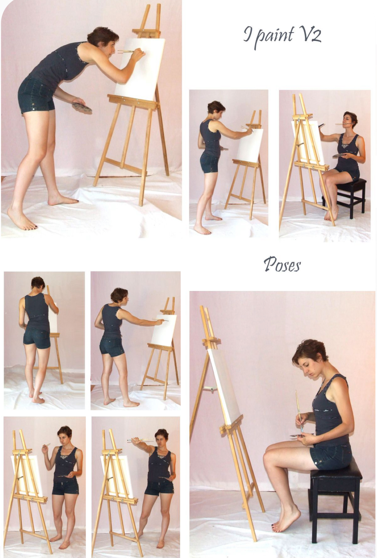 a collage of eight images showcases a woman in various poses as she paints on a canvas.  she is dressed in a casual outfit  a dark tank top and jean shorts. her hair is styled short and her focus remains on her artwork. the setting appears to be an indoor studio, bathed in soft, natural light. an easel consistently holds a blank canvas,  with the exception of one image where she examines her work. the overall impression is one of artistic focus and creative expression.