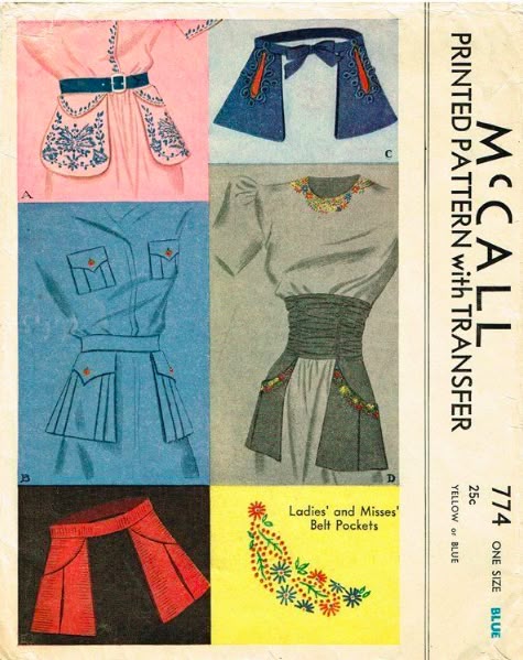 a vintage mccall sewing pattern featuring various belt and pocket designs. the pattern number is 774, and it comes with a transfer. the cover shows several design options including dresses with embellished belts and pockets, along with separate belt and pocket patterns.