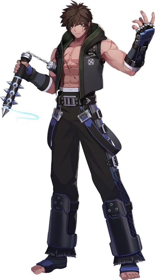 an illustration of an anime character in a fighting stance with his weapon. he has brown hair, blue eyes, and is wearing a black vest, black pants, and black boots. his weapon is a chain with a spiked ball on the end. he is standing in a fighting stance with his right hand raised and his left hand holding his weapon. the background is white.