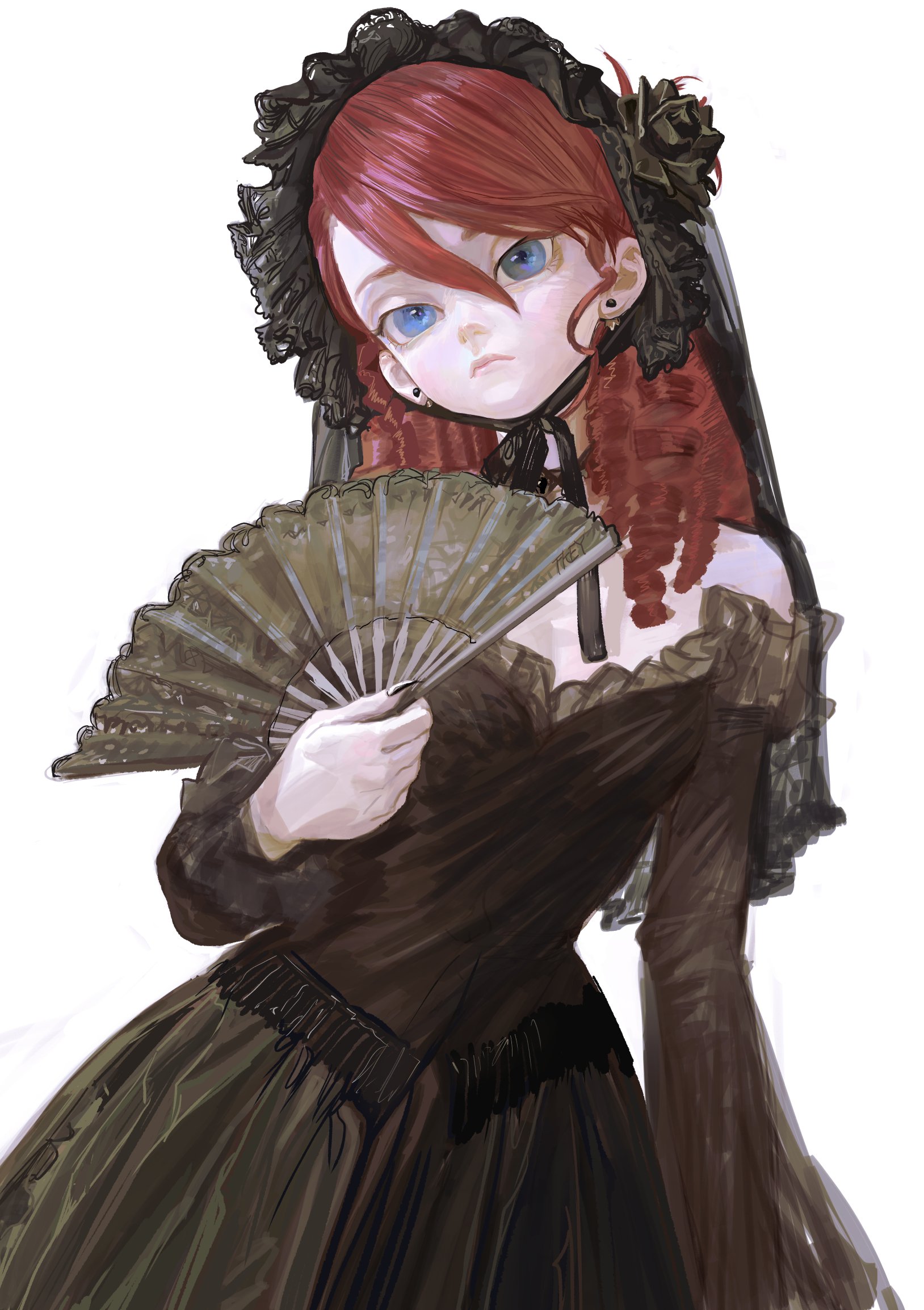 a gothic anime girl with red hair and blue eyes, wearing a black dress with lace details, holding a fan. she has a rose and veil on her head, and is wearing earrings. the style is reminiscent of victorian portraits.