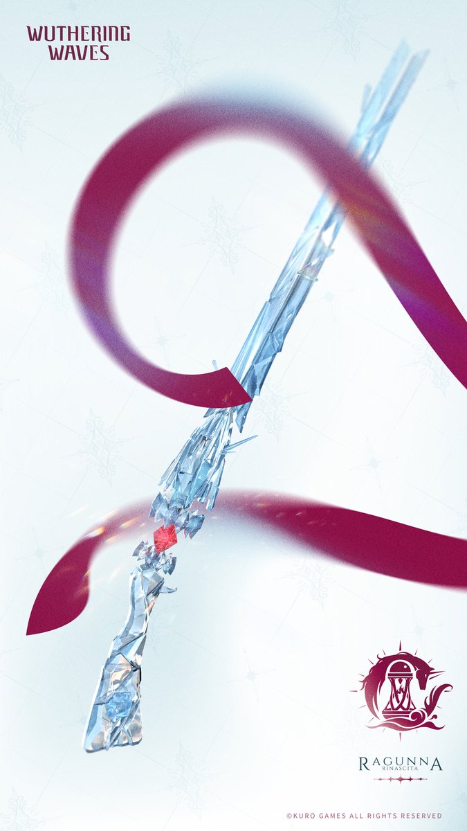 the image is promotional artwork for the video game "wuthering waves," developed by okuro games.  the central element is a stylized, broken, ice or crystal weapon, possibly a sword or spear, which appears shattered but maintains an elegant form.  a flowing, abstract ribbon or fabric in shades of deep red and pink swirls around the weapon, creating a dynamic and visually striking composition. the background is a soft, light bluewhite. the ragunna logo is displayed in the bottom right corner, indicating the game's branding. the overall style is fantastical and suggestive of magic or supernatural power.  the word "wuthering waves" appears at the top, acting as a title.