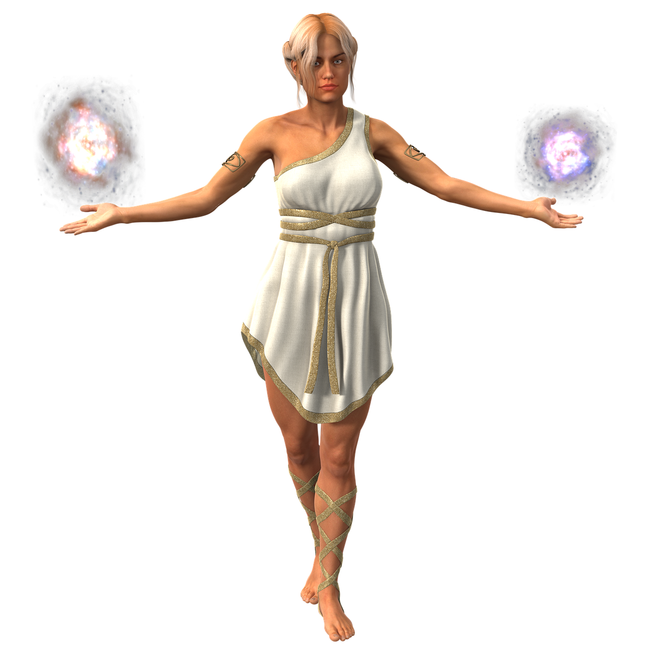 a digital rendering shows a female elf with blonde hair, wearing a white dress with gold trim and leg wraps, standing barefoot against a black background and conjuring magic orbs in each hand. she has a tattoo on her arm. the artwork portrays a fantasy or mythical goddesslike figure.
